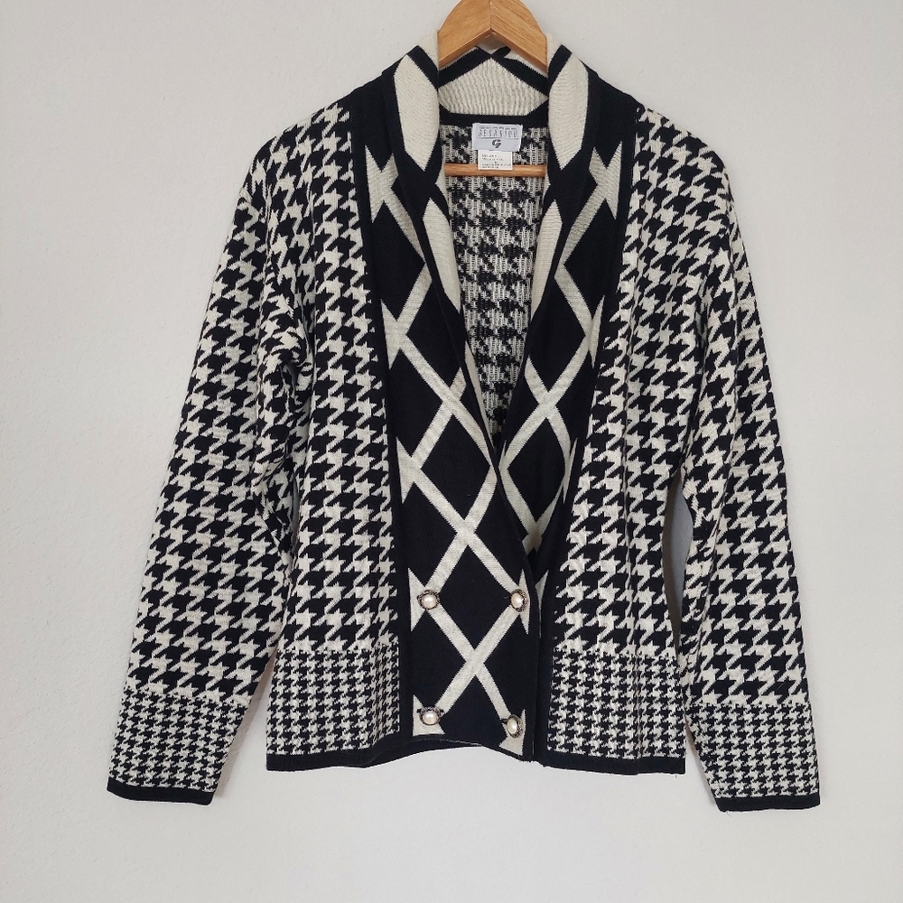Vintage Georgiou‎ Wool Blend Hounds Tooth Sweater Cardigan